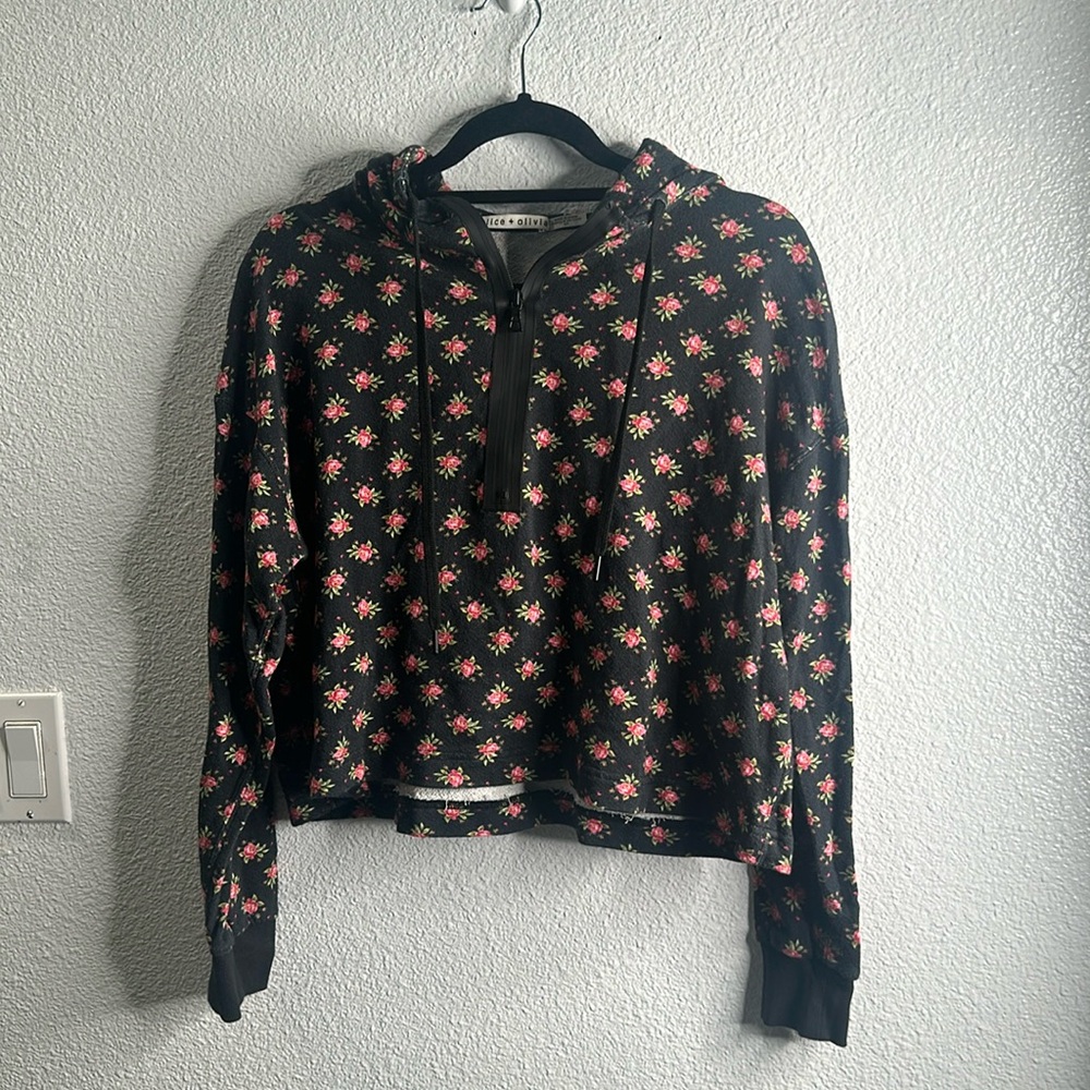 Alice + Olivia black pink  floral half zip crop hoodie size small p - Picture 2 of 7